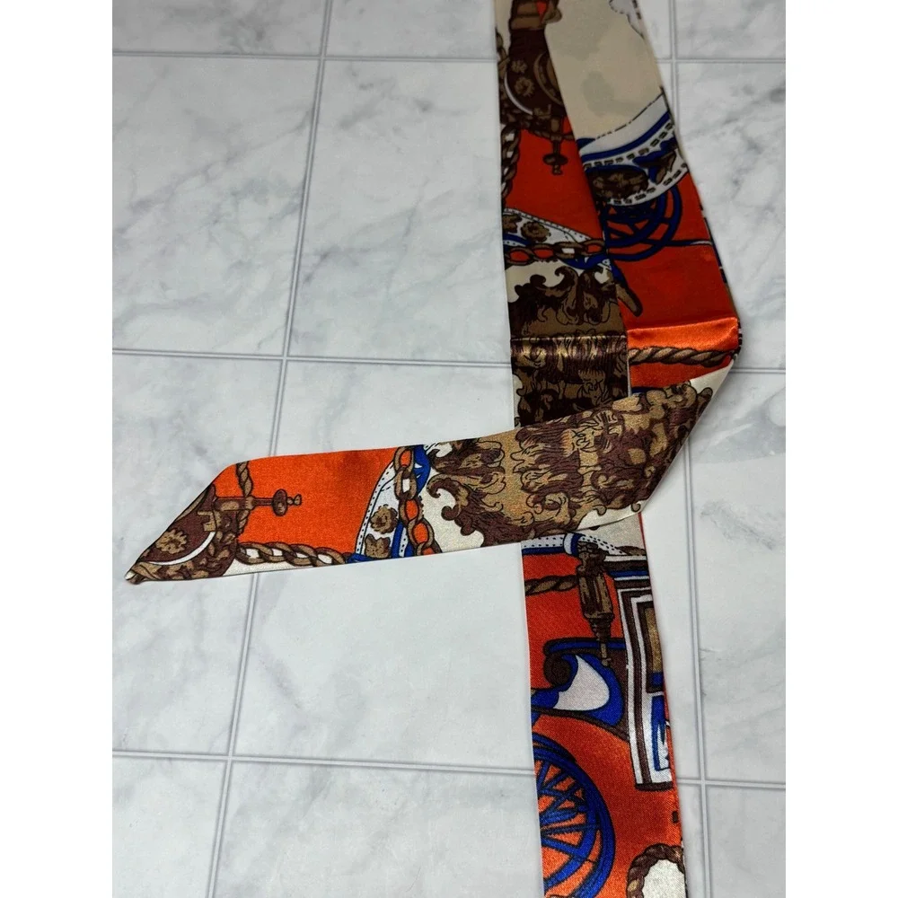 Equestrian Print Satin Skinny Scarf Orange Cream Blue Carriage Chain Bag Ribbon